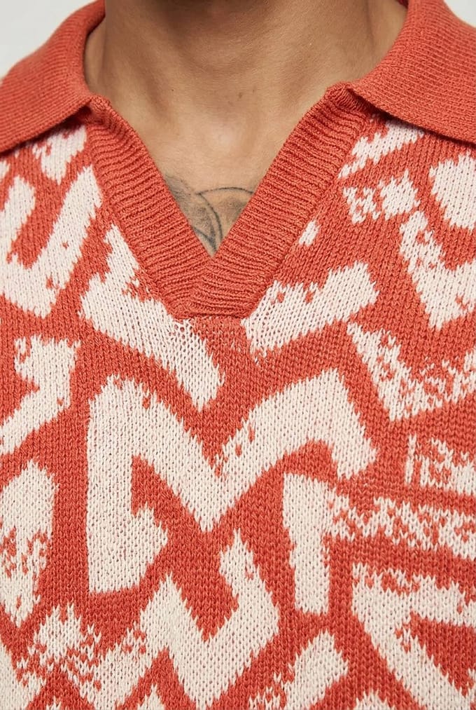 Oversized Boxy Abstract Jacquard Knitted Polo T-Shirt | Orange | Size Small