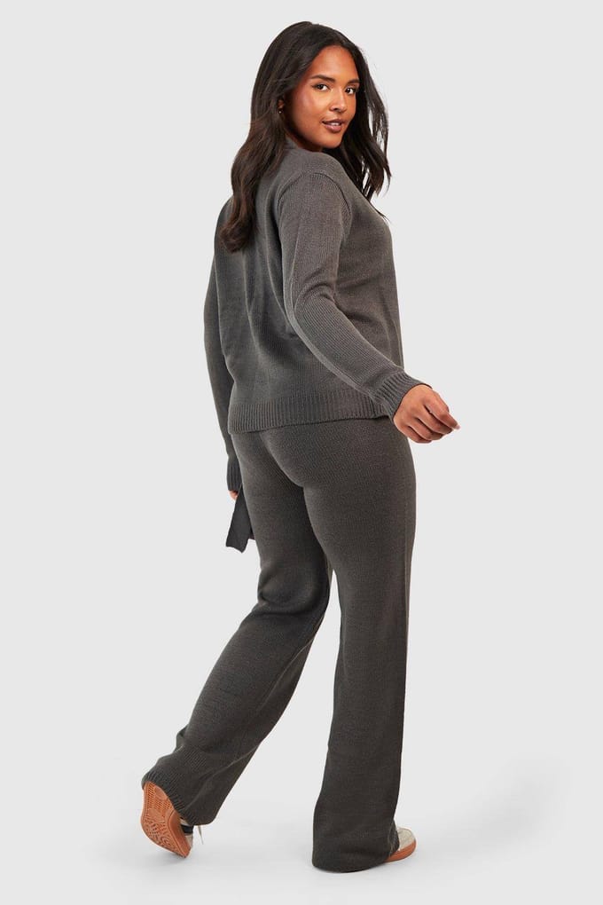 boohoo Dames Plus Wrap Tie Side Jumper en Broek Co-ord | Houtskool | Maat: 48-50