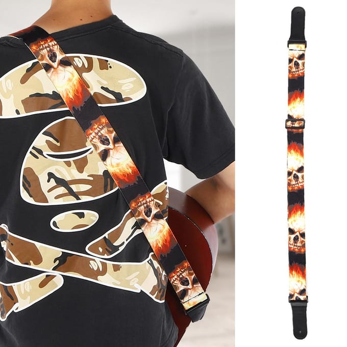 Sangle d'épaule en cuir Pièces de guitare Imprimé type motif flamme-crâne Réglable black