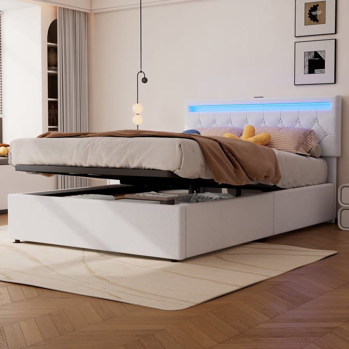 Gestoffeerd Bed 140x200 - Platformbed met Sfeerverlichting en Opbergruimte - Stof - Wit