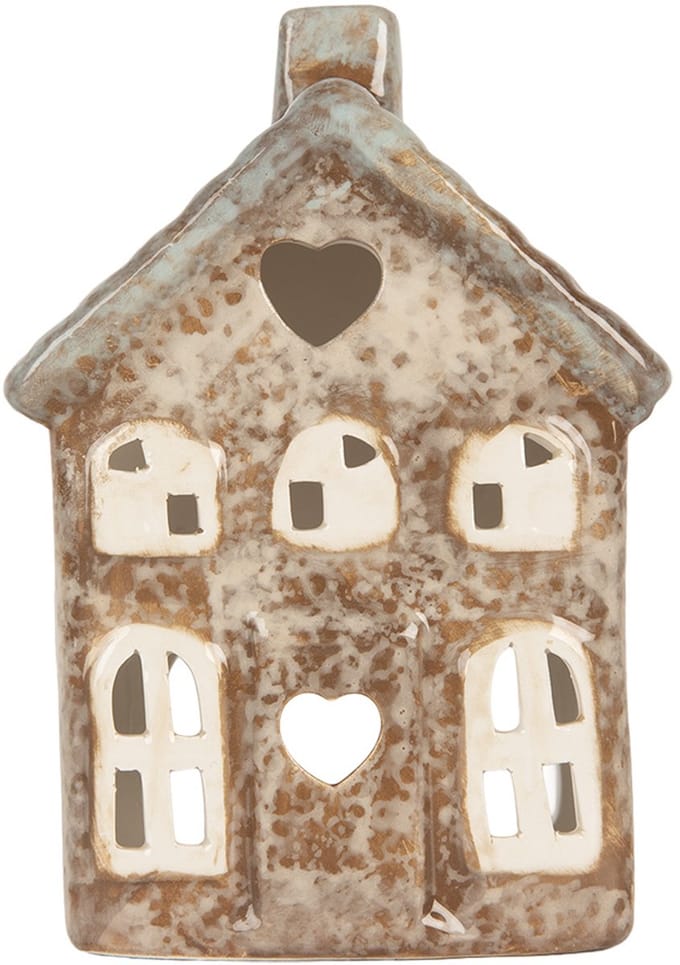 Clayre & Eef Waxinelichthouder Huis 9x6x13 cm Beige Keramiek