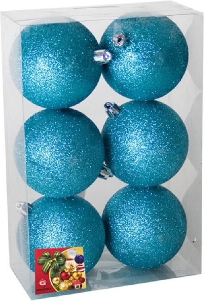 Gerimport Kerstballen 6x ijsblauw - kunststof glitters - 8 cm diameter - kerstboom versiering