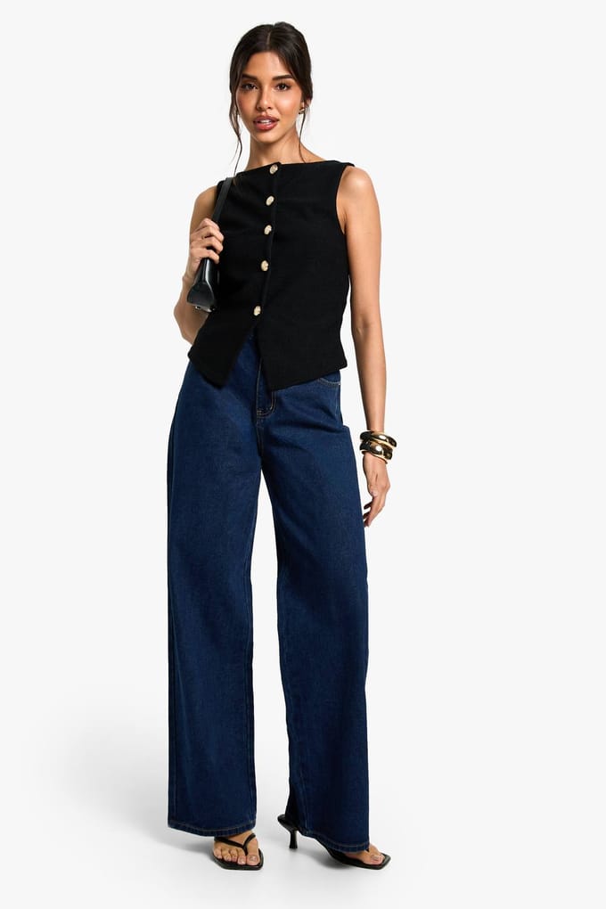 boohoo Dames Textured Button Through Waistcoat | Black | Maat: 12