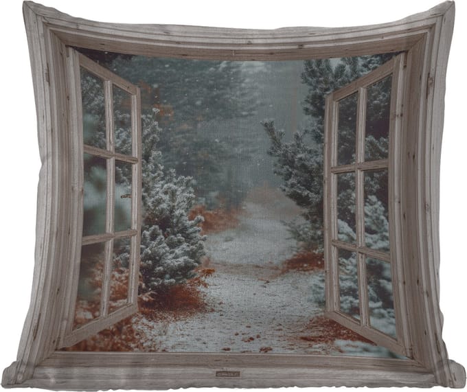 Tuinkussen - Bos - Winter - Bomen - Natuur - Pad - Doorkijk - Wit - 40x40 cm - Weerbestendig