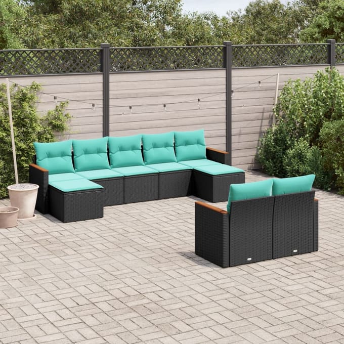 vidaXL - 9-delige - tuinbankset - met - kussens - van - zwart - polyrotan