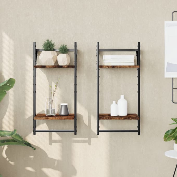 vidaXL - Wandschappen - 2-laags - met - stangen - 2 - st - 30x25x65 - cm - gerookt - eiken