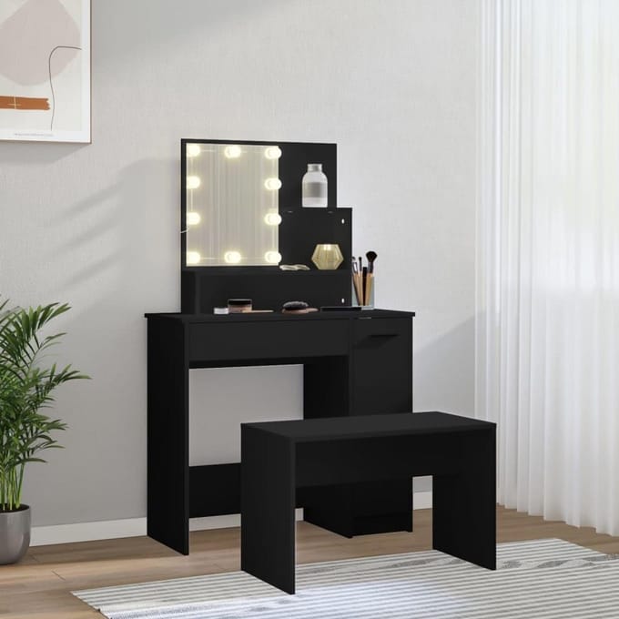 Kaptafel Set met LED Verlichting en Kruk in Zwart