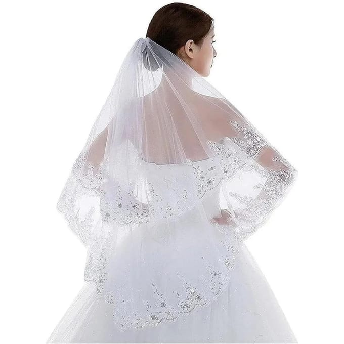 Dames 2 Laags Kant Tule Bruidssluier Exquise Elegant Glanzend Glitter Pailletten Bruidssluier met Kam Wit wit