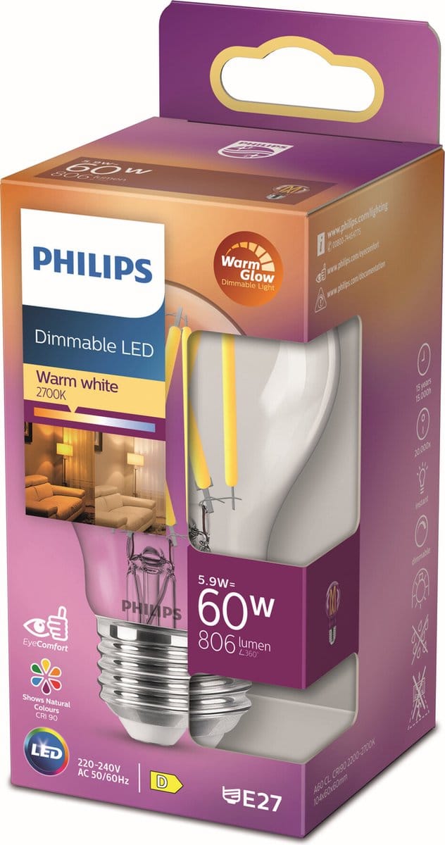Philips Ledfilamentlamp Peertje Classic - D6cm - Dimbaar - Warm Wit - E27 - 5,9w