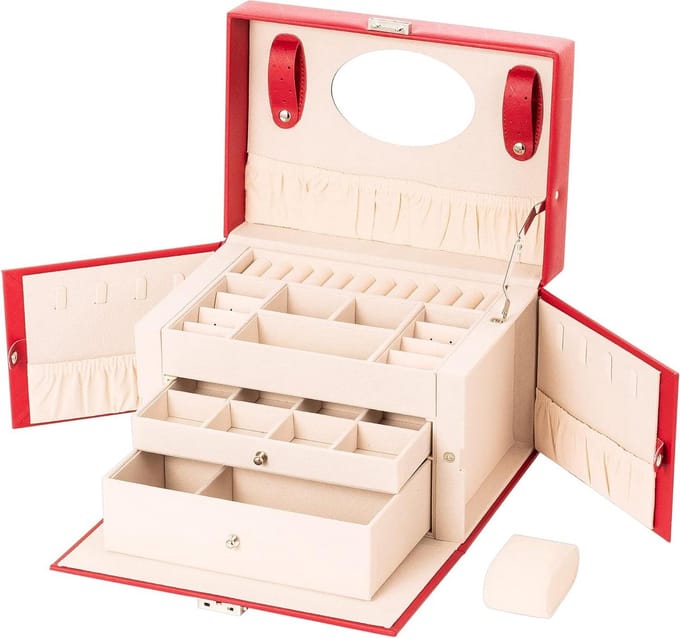 Sieradendoos met 2 laden en fluwelen voering - 26 x 18 x 18 cm rood