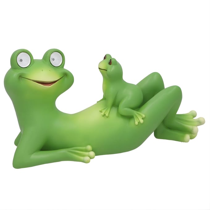 Gerimport Tuinbeeld kikker - liggend - kunststeen - 35 x 12 x 19 cm - groen - Solar licht ogen