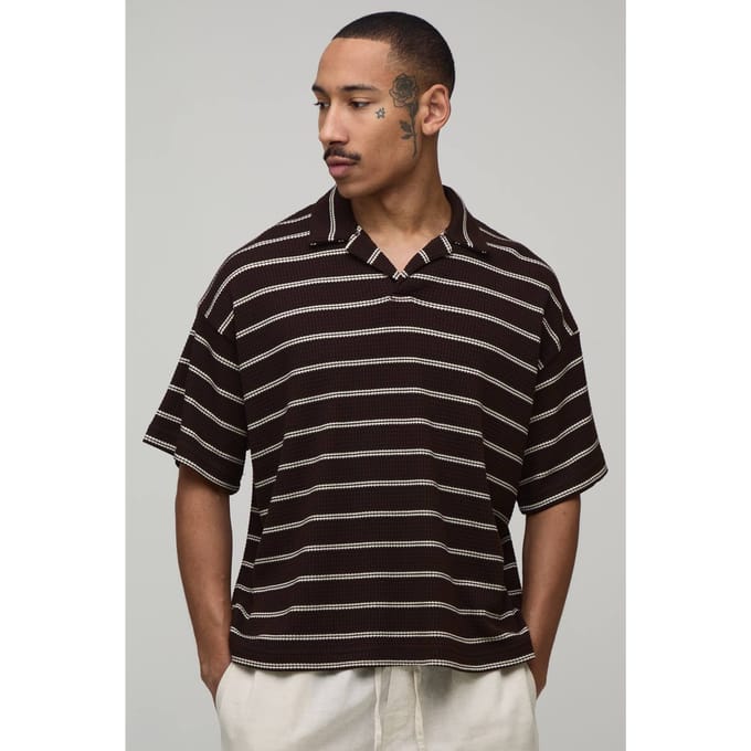 Oversized Striped Waffle Revere Polo T-Shirt | Chocolate | Size Large