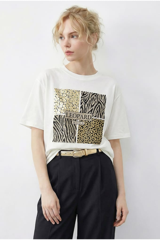 Leopardprint Sequins T-shirt met Ronde Hals