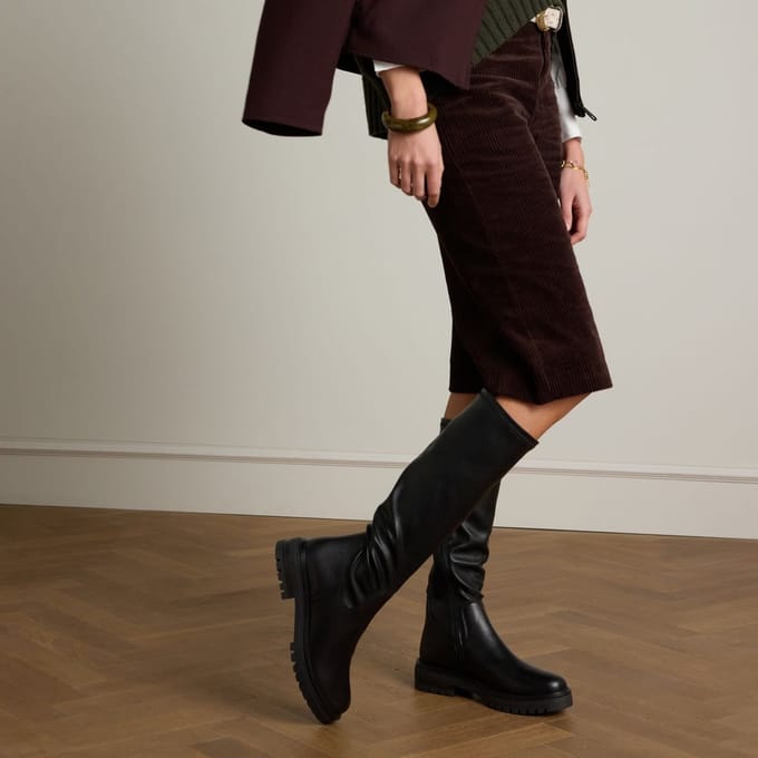 Manfield - Dames - Zwarte hoge leren stretch laarzen - Maat 38