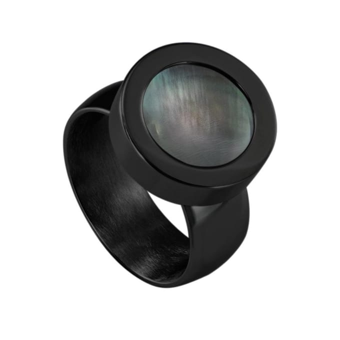 Quiges RVS Schroefsysteem Ring Zwart Glans 16mm met Verwisselbare Parelmoer Grijs Schelp 12mm Mini Munt