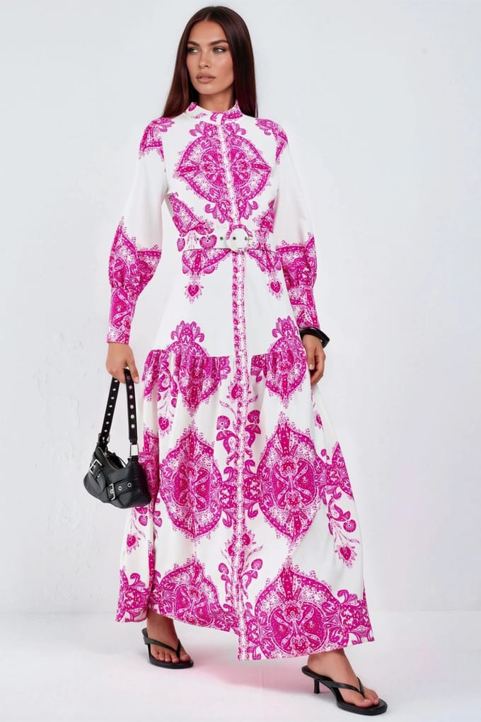 Paisleymotief Maxijurk met Ceintuur en Blouse-Kraag