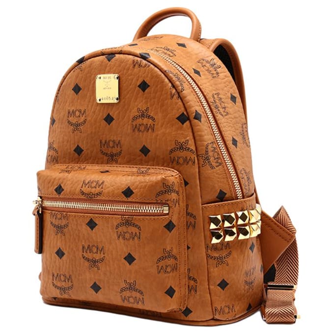 MCM Stark Sac à dos en toile et cuir à imprimé monogramme classique, double face, clouté, unisexe, couleur Marron Cognac MMKAAVE10CO001 Basic Set (Bag+Dust Bag)
