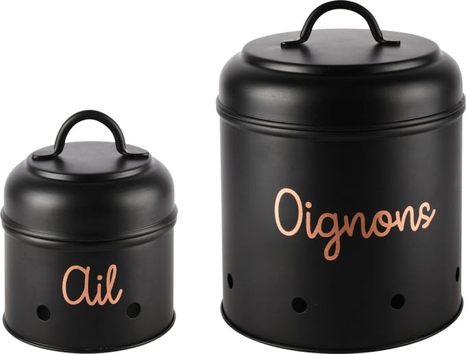 Dekoratief | Set 2 bewaarpotten 'Oignons/Ail', zwart, metaal, 16x16x18cm | A248230