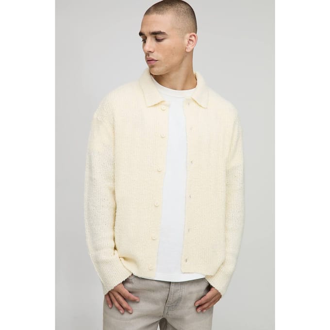 Boxy Fit Geborsteld Gebreid Shirt | Ecru | Size Medium