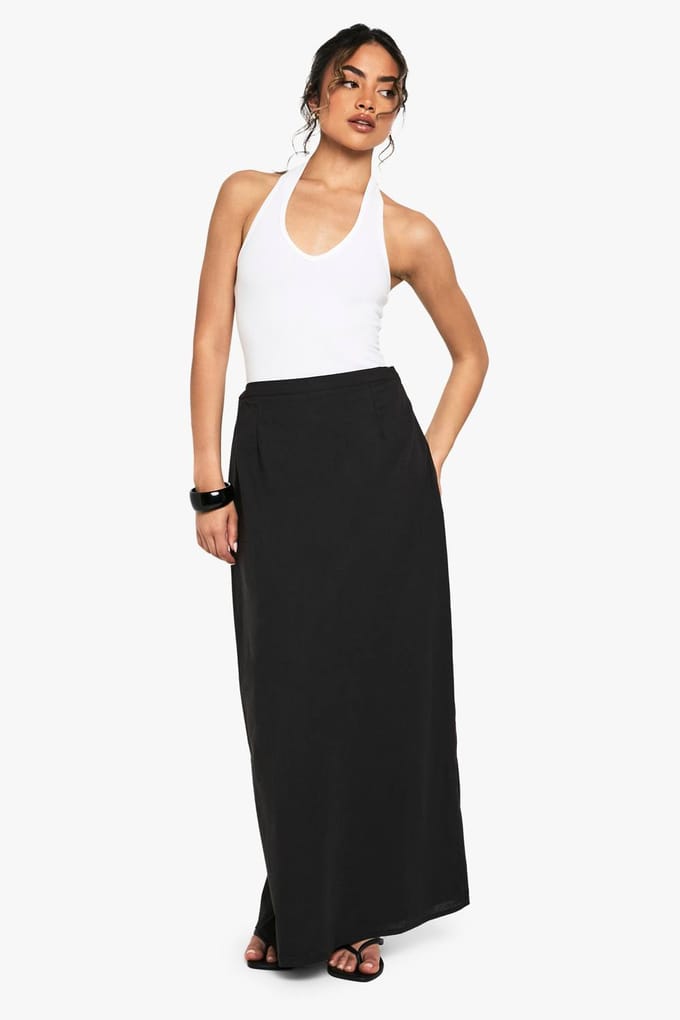 boohoo Dames Linnen Gespleten Maxi Rok met Achterklep | Zwart | Maat: 34