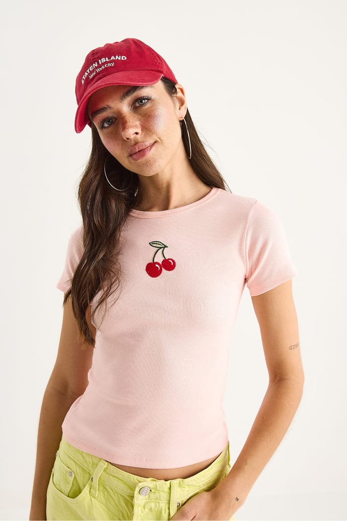 Geëmbroideerde Geribde Crop Top