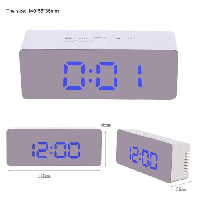 Multifunctionele Plastic Spiegel LED Nachtlampje Thermometer Digitale Wandklok Lamp Wekker wit