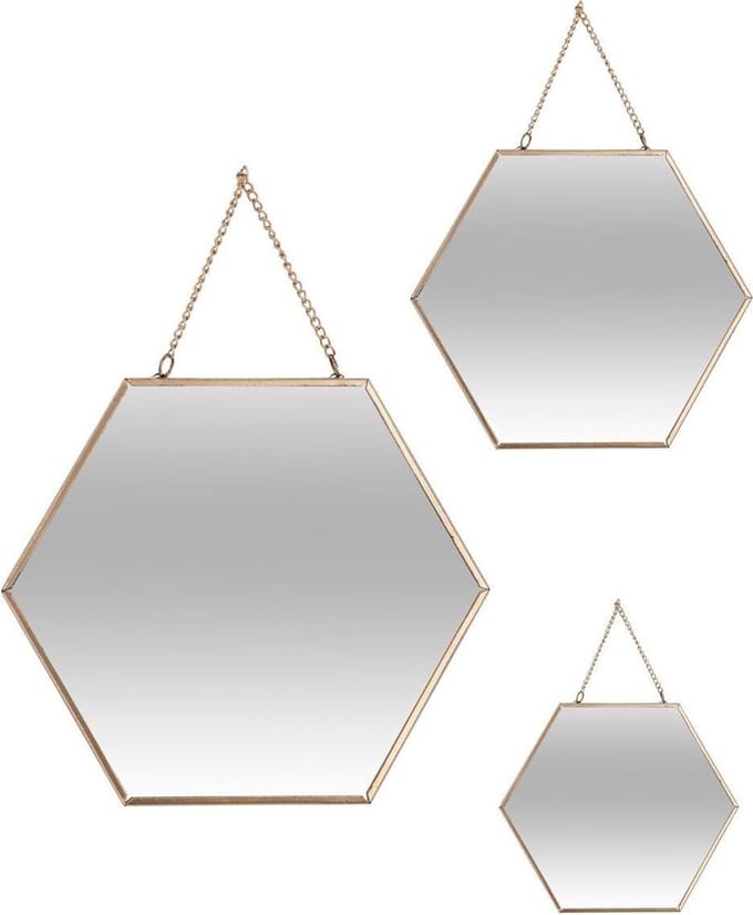 Atmosphera Wandspiegels - set van 3 spiegels - hexagon - metaal goud met ketting