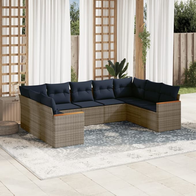 vidaXL - 9-delige - tuinbankset - met - kussens, - grijs - polyrotan