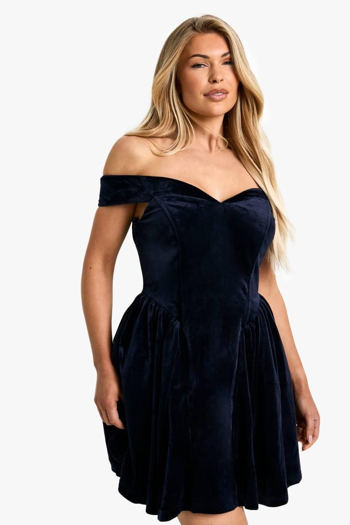 boohoo Dames Velvet Bardot Gestructureerde Skaterjurk | Navy | Maat: 10