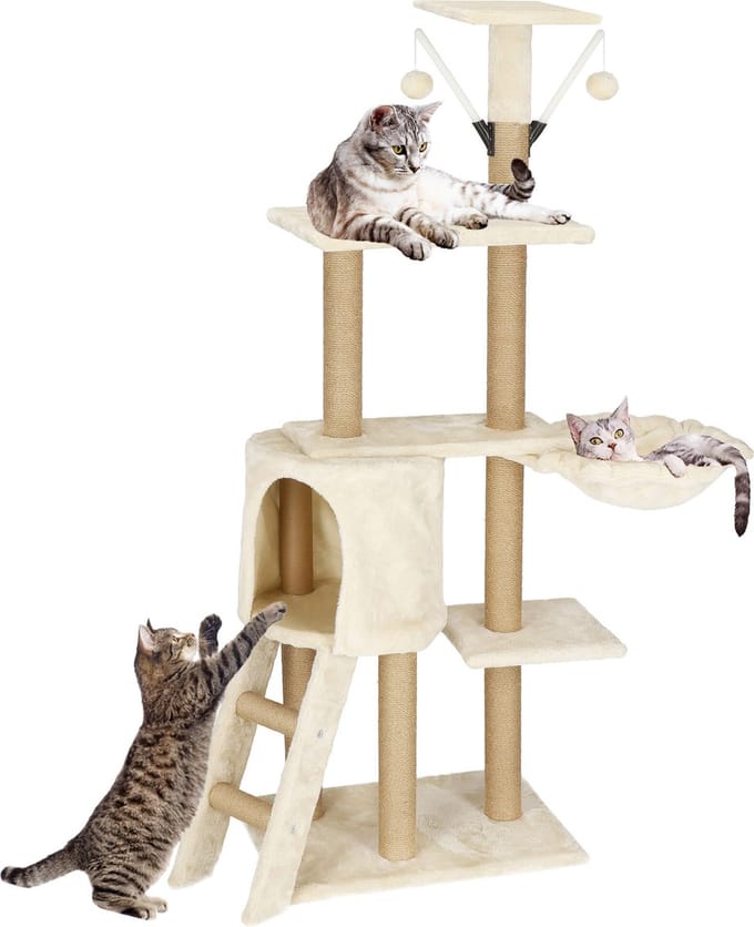 Springos Krabpaal - Voor Katten - Meubelbescherming - 136 cm - Crème - 7 Etages
