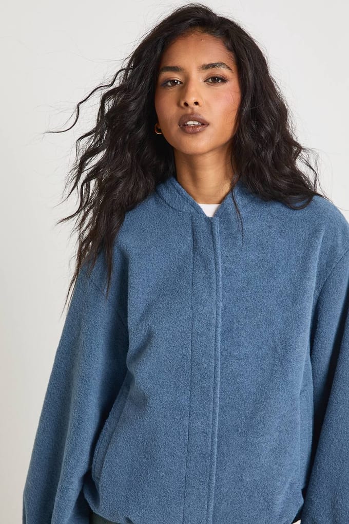 boohoo Dames Ballonmouw Wollen Look Bomber Jacket | Blue | Maat: 8