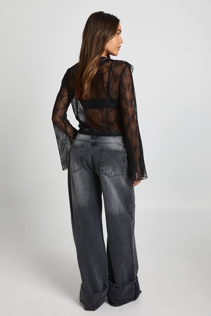 boohoo Transparante kanten blouse met ruches | Black | Maat: 6