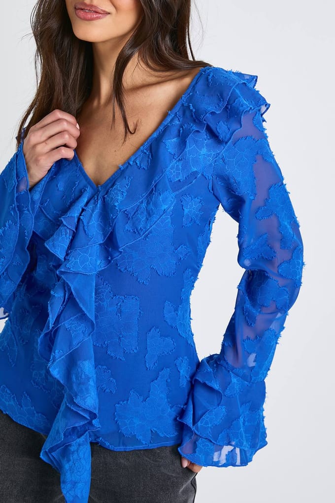 boohoo Dames Blouse met ruches en lange mouwen | Cobalt | Maat: 8