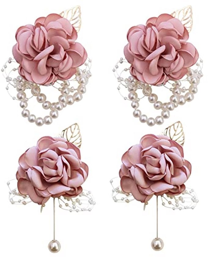 Boutonnière en Polsbloem Roze Rozen voor Bruiloft - 4 Stuks