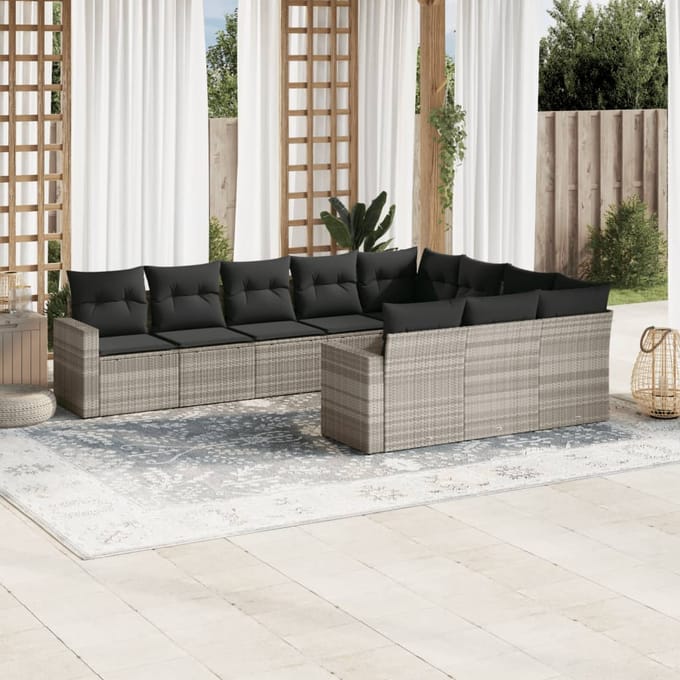 vidaXL - 10-delige - Loungeset - met - kussens - poly - rattan - lichtgrijs