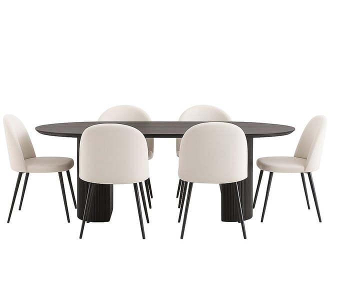 Kyoto eethoek eettafel donkerbruin, 6 stoelen met beige ribfluweel bekleding.