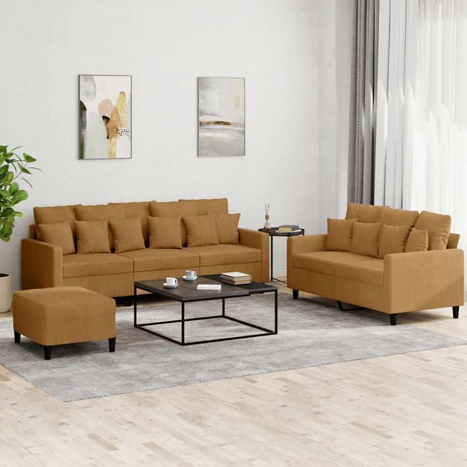 vidaXL - 3-delige - Loungeset - met - kussens - fluweel - bruin