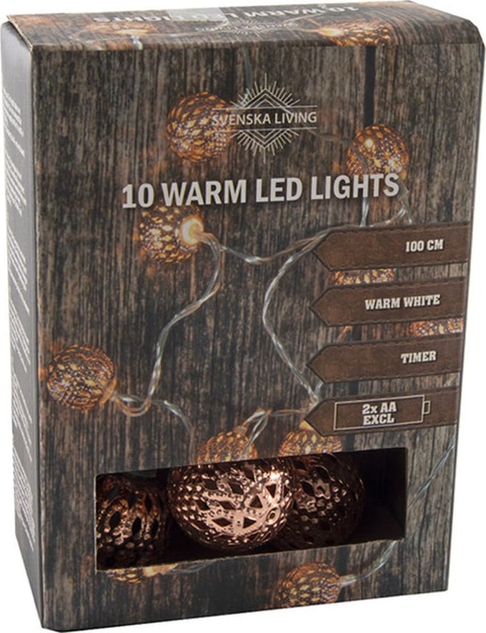 Lichtsnoer - 10 balletjes - koper - op batterijen - 100 cm - Kerstverlichting/sfeerverlichting
