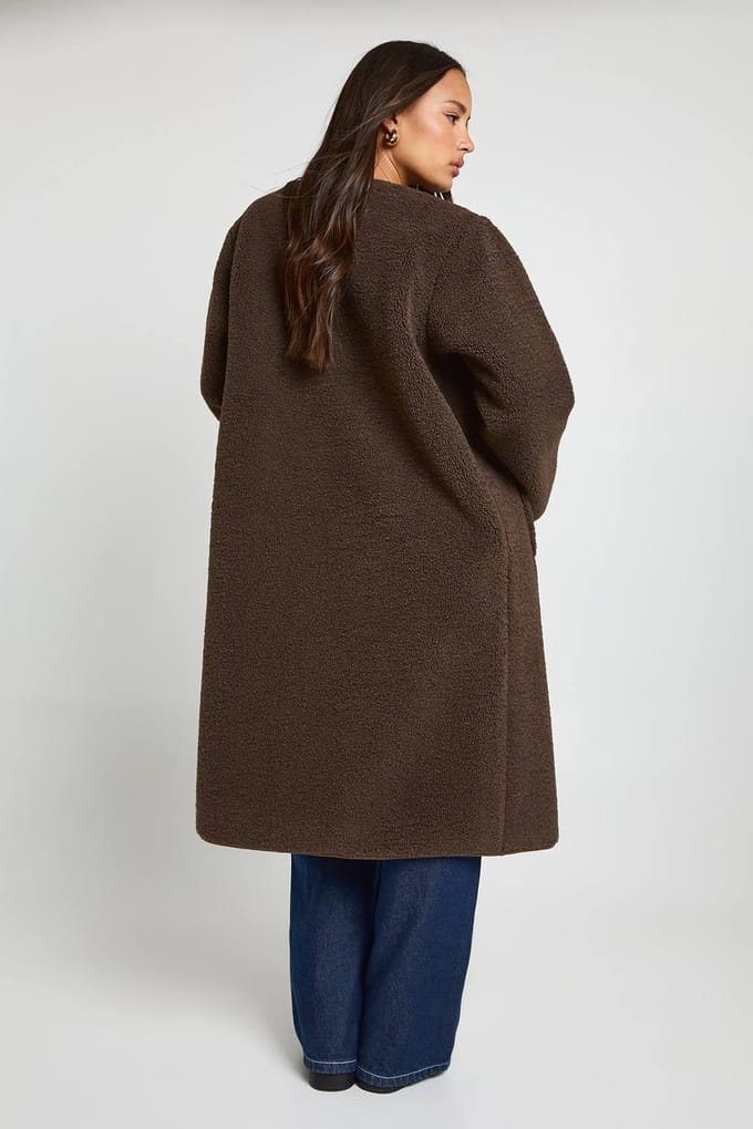 boohoo Dames Teddy Zonder Kraag Maxi Jas | Brown | Maat: 8
