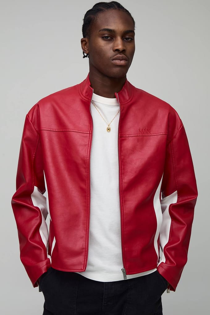 Boxy Fit Colour Block Panel PU Biker Jacket | Red | Size Medium