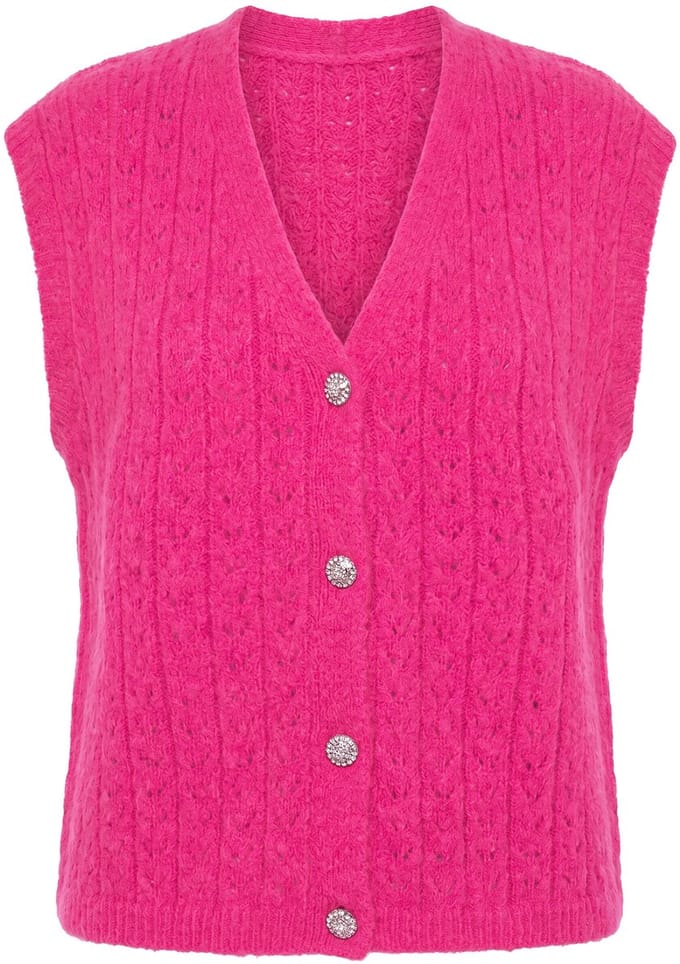 Studio Untold - Dames - Gebreid vest ajourbreisel sierknopen - Fuchsiaroze - Maat 58+
