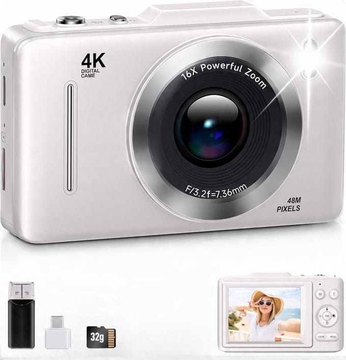 Digitale Camera - Mini 4K 48MP (32GB Geheugen) - Anti-Shake + 16x Zoom - Wit