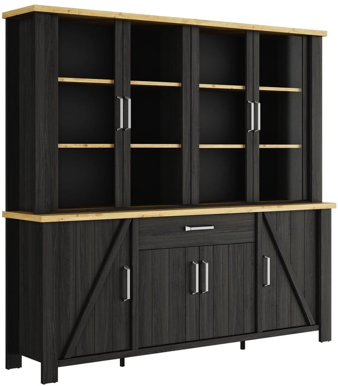 belfurn - Buffetkast Sequoia – zwart met eik artisan bovenblad – met LED-verlichting