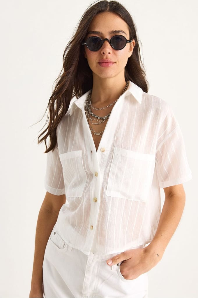Gestreepte Geweven Crop Shirt met Pocket