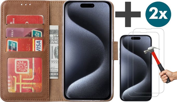 Hoesje met 2 Stuks Screenprotectors Geschikt voor iPhone 15 Pro Max – Arara bookcase met pasjeshouder - Bruin