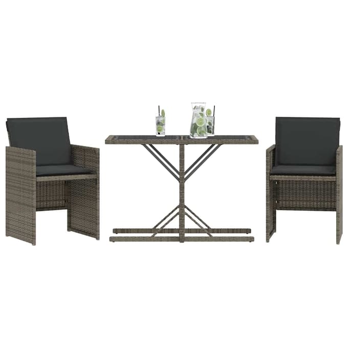 vidaXL - 3-delige - Bistroset - met - kussens - poly - rattan - grijs