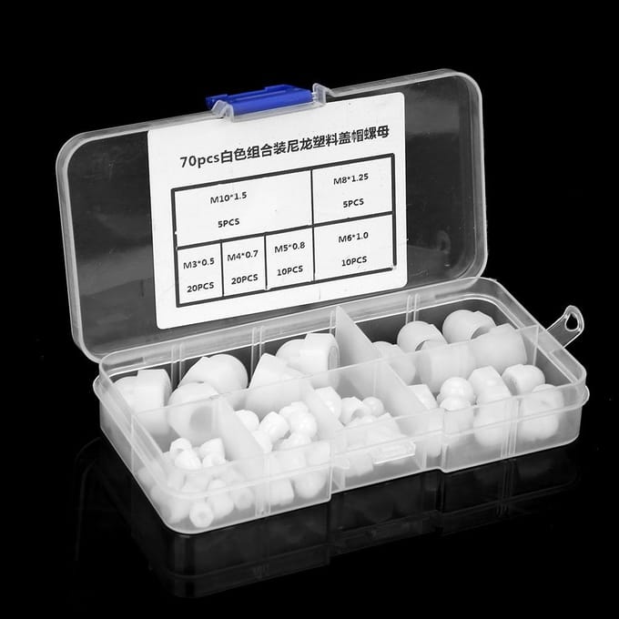70 stuks M3M4M5M6M8M10 Nylon Zeskantmoeren Kit Koepelkop Dop Zeskantmoeren (Wit)