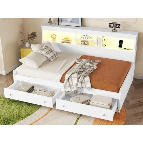 ModernLuxe Dagbedbed 90x200cm - met USB-aansluiting & 2 lades - lattenbodem - Wit
