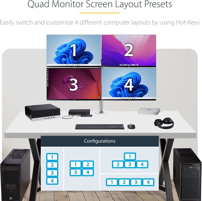 StarTech.com 4-Port KM Switch met Mouse Switching, USB Switch voor Toetsenbord/Muis, 3.5mm/USB Audio, Randapparatuur delen voor 4 Computers, TAA Compliant