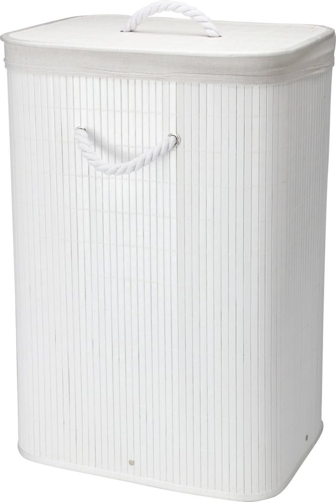 Storage Solutions Wasmand - bamboe hout - met deksel - wit - 40 x 30 x 60 cm - 70 liter - opvouwbaar